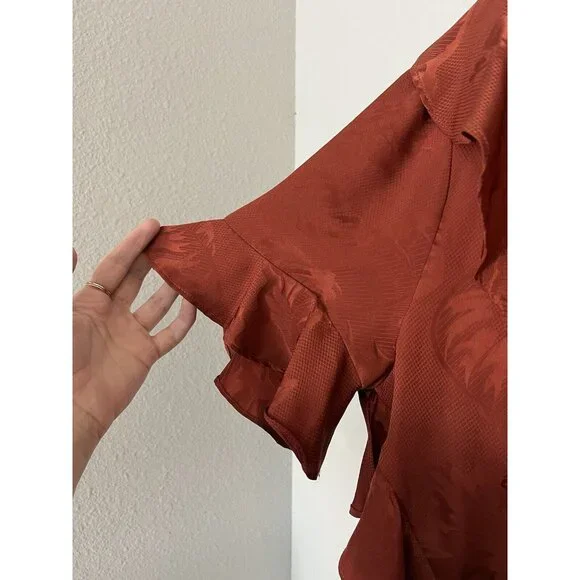 Cinq A Sept Silk Top Blouse Ruffle Asymmetric Size Medium Rust Orange Jacquard - Picture 6 of 15